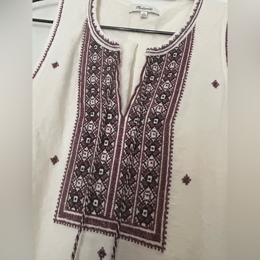 Madewell Cream Sleeveless Embroidered Mini Dress with Maroon Accents - Picture 4 of 9